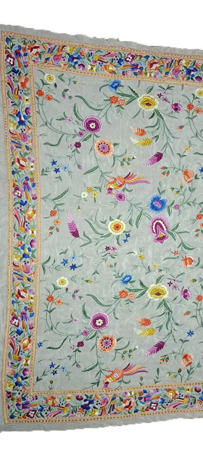 Off White Hand Embroidered Parsi Gara Crepe Flower Design Saree - Luxurion World