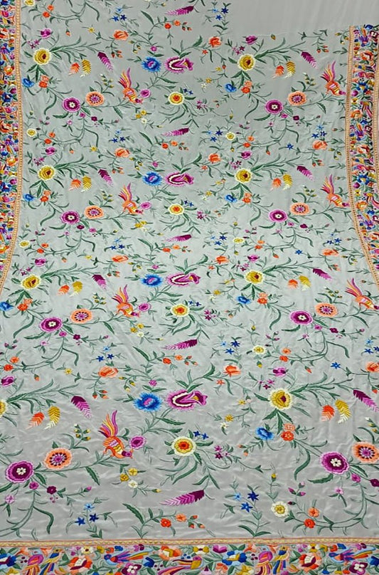 Off White Hand Embroidered Parsi Gara Crepe Flower Design Saree - Luxurion World