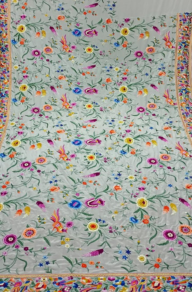 Off White Hand Embroidered Parsi Gara Crepe Flower Design Saree - Luxurion World