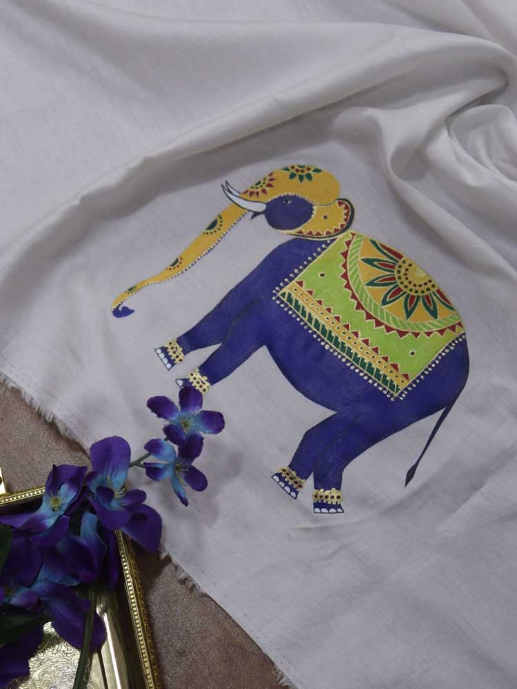 Off White Hand Painted Cotton Satin Elephant Design Blouse Fabric - Luxurion World