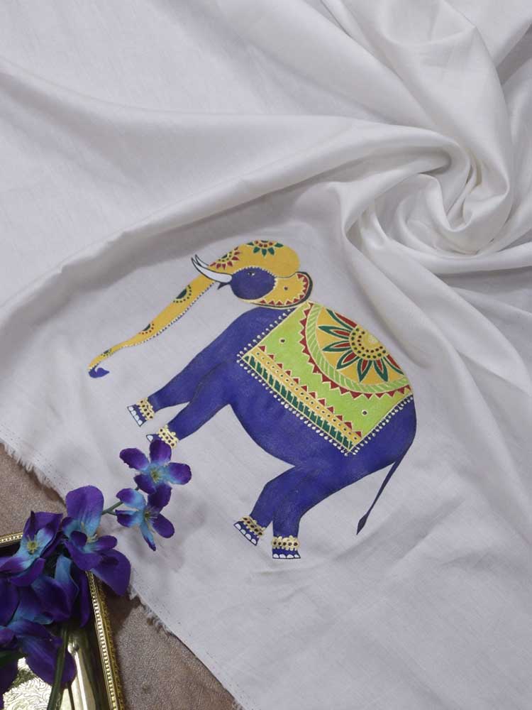 Off White Hand Painted Cotton Satin Elephant Design Blouse Fabric - Luxurion World
