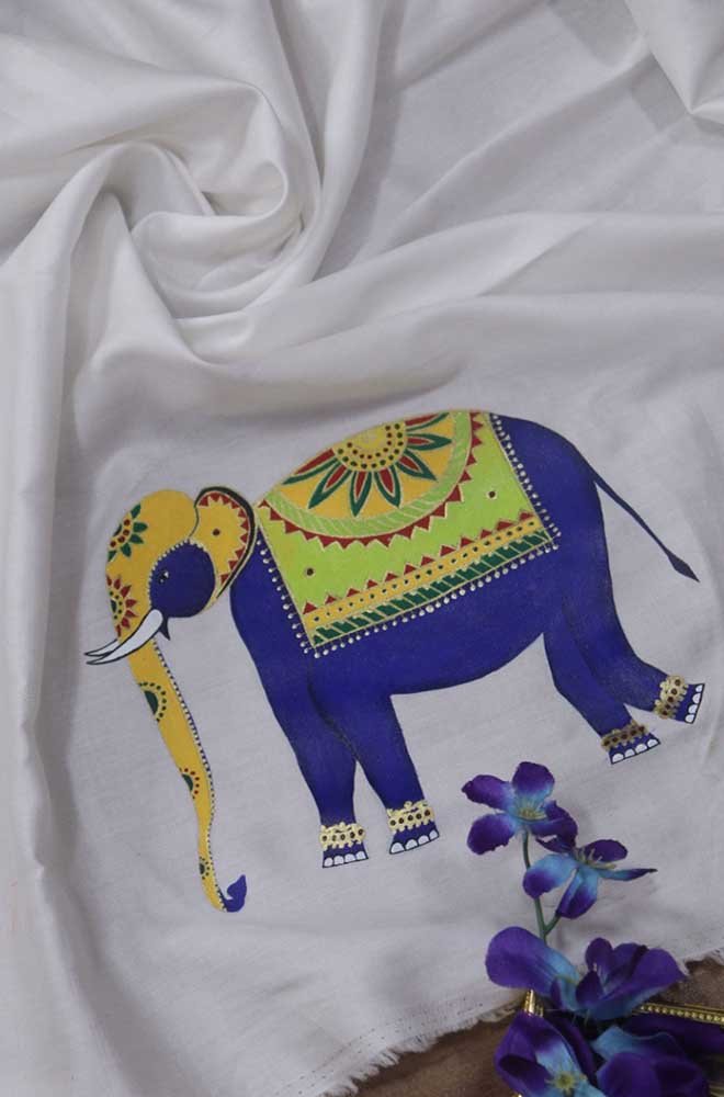 Off White Hand Painted Cotton Satin Elephant Design Blouse Fabric - Luxurion World
