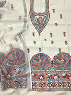 Off White Hand Painted Madhubani Pure Linen Silk Two Piece Unstitched Suit Set - Luxurion World