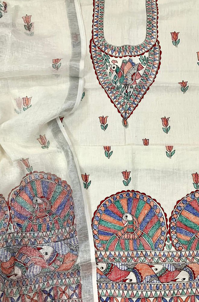 Off White Hand Painted Madhubani Pure Linen Silk Two Piece Unstitched Suit Set