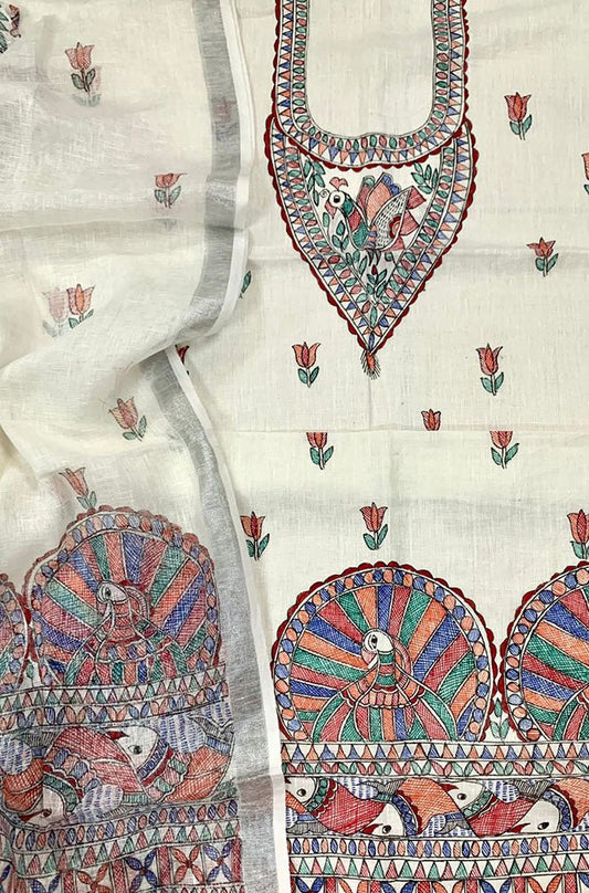 Off White Hand Painted Madhubani Pure Linen Silk Two Piece Unstitched Suit Set - Luxurion World