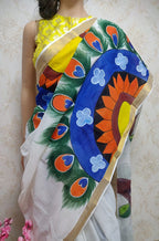 Off White Hand Painted Pure Kerala Cotton Saree - Luxurion World