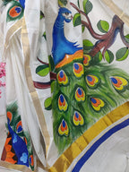 Off White Hand Painted Pure Kerala Cotton Saree - Luxurion World
