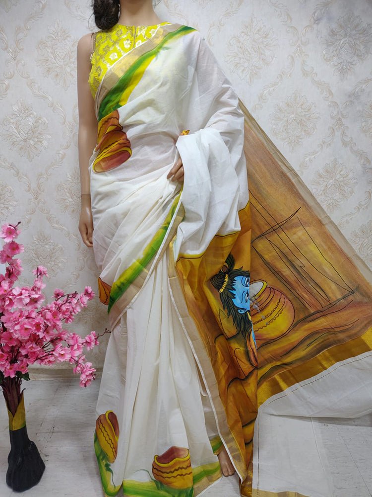 Off White Hand Painted Pure Kerala Cotton Saree - Luxurion World