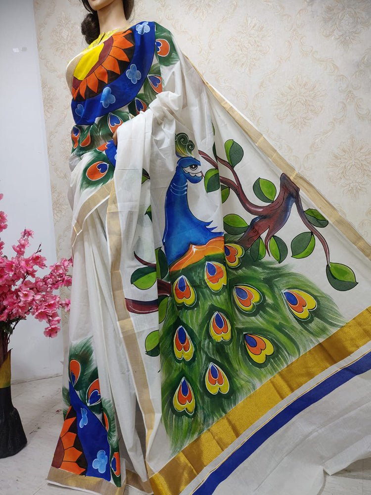 Off White Hand Painted Pure Kerala Cotton Saree - Luxurion World