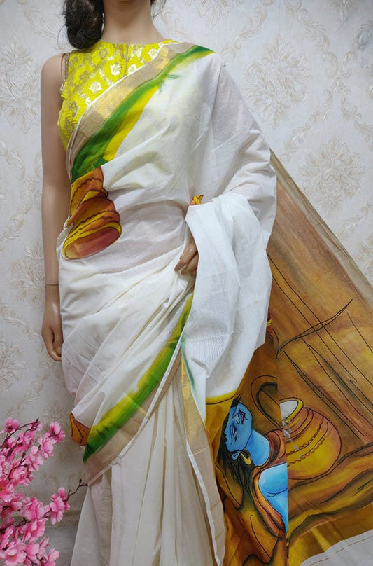 Off White Hand Painted Pure Kerala Cotton Saree - Luxurion World