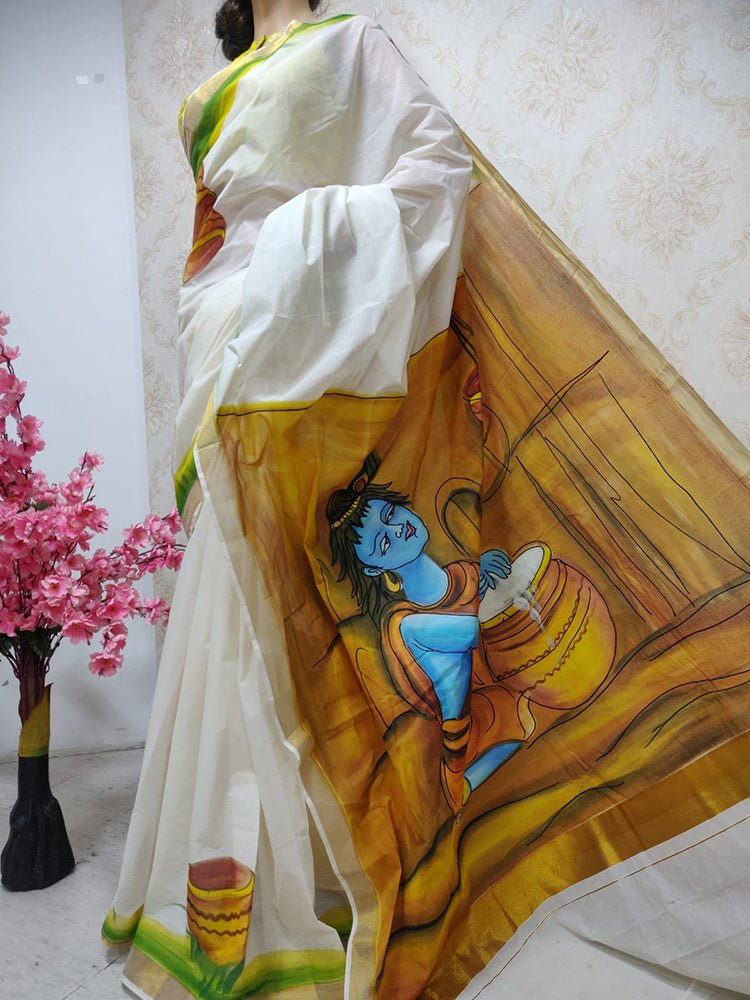 Off White Hand Painted Pure Kerala Cotton Saree
