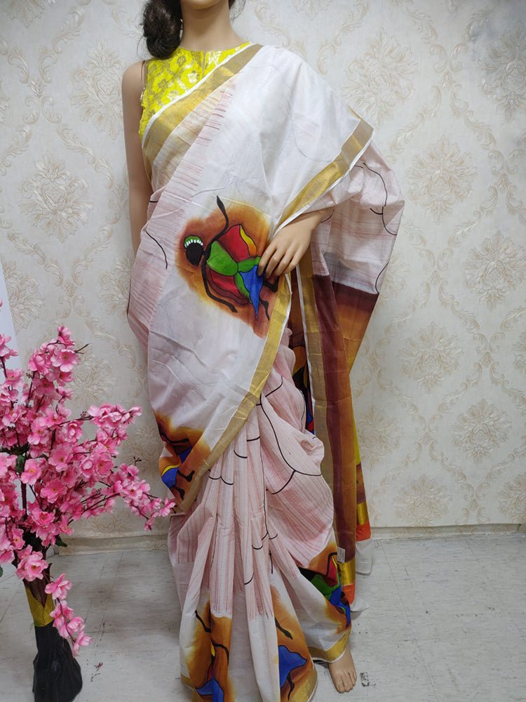 Off White Hand Painted Pure Kerala Cotton Saree - Luxurion World