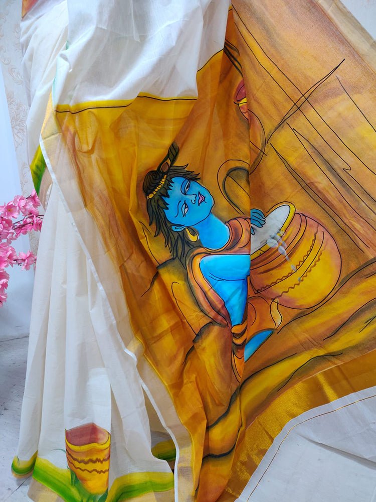 Off White Hand Painted Pure Kerala Cotton Saree - Luxurion World