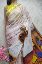 Off White Hand Painted Pure Kerala Cotton Saree - Luxurion World