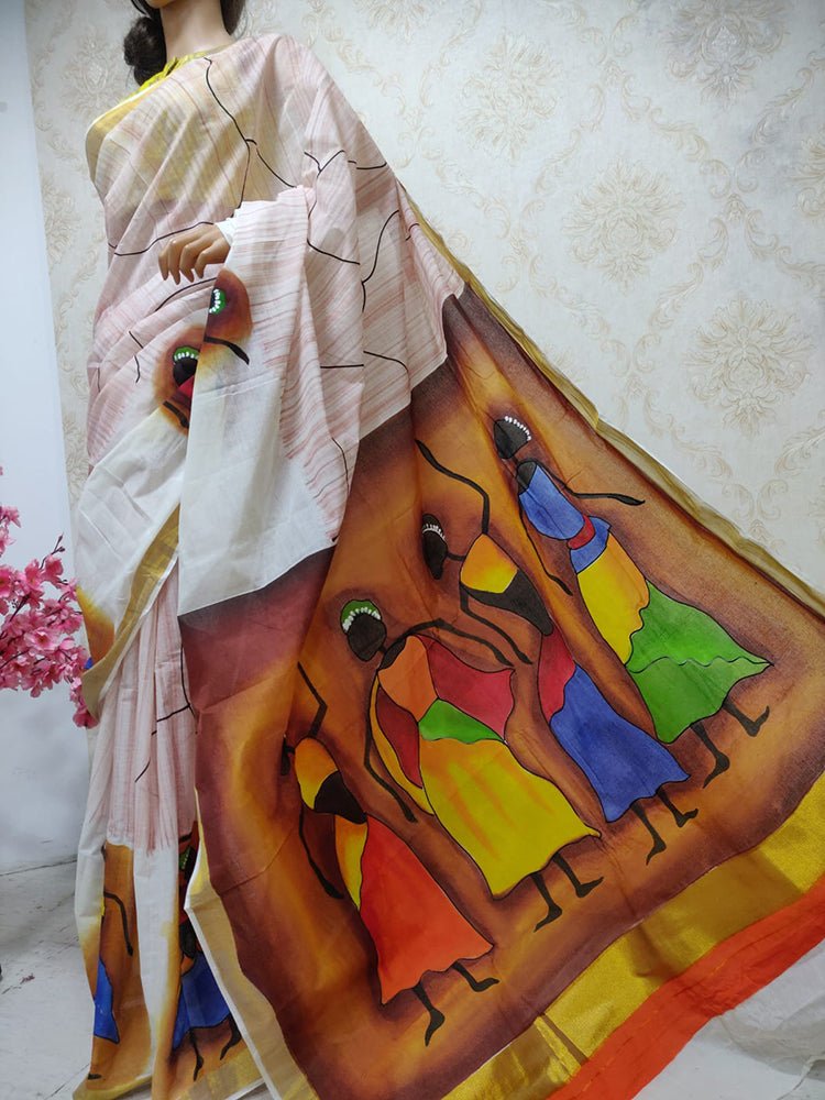 Off White Hand Painted Pure Kerala Cotton Saree - Luxurion World