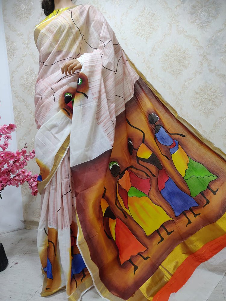 Off White Hand Painted Pure Kerala Cotton Saree - Luxurion World