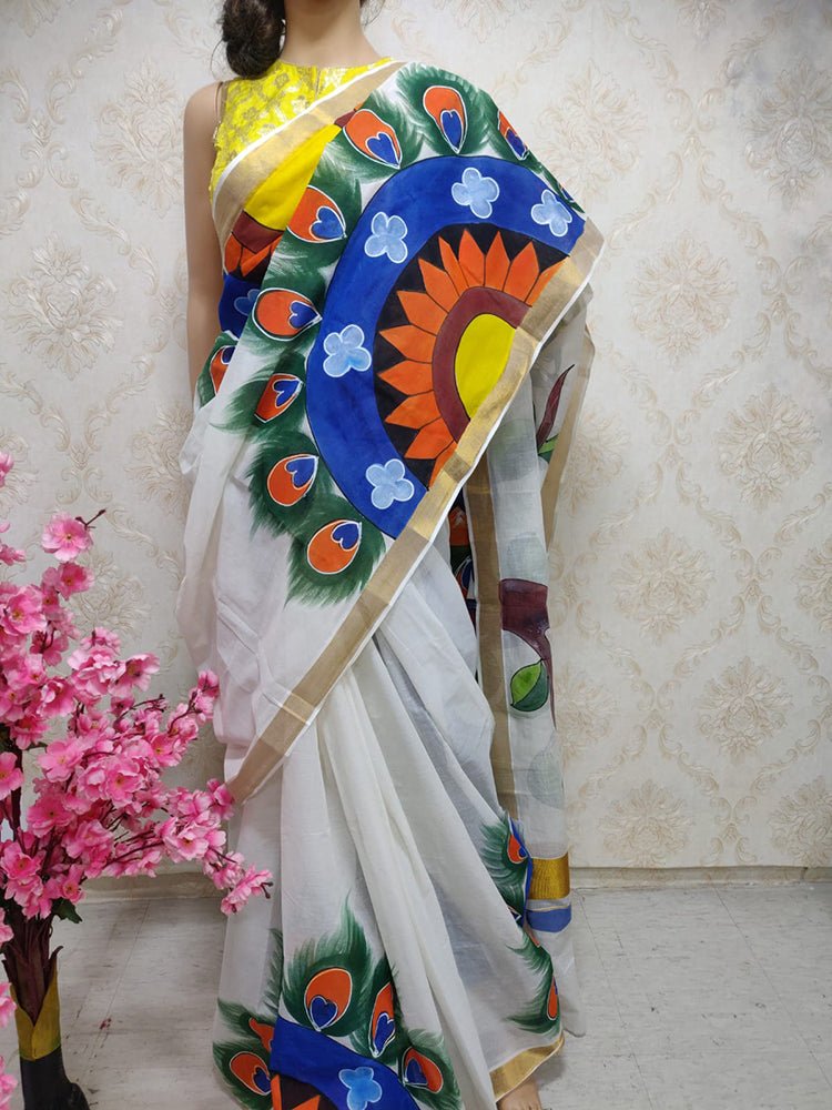 Off White Hand Painted Pure Kerala Cotton Saree