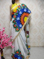 Off White Hand Painted Pure Kerala Cotton Saree - Luxurion World