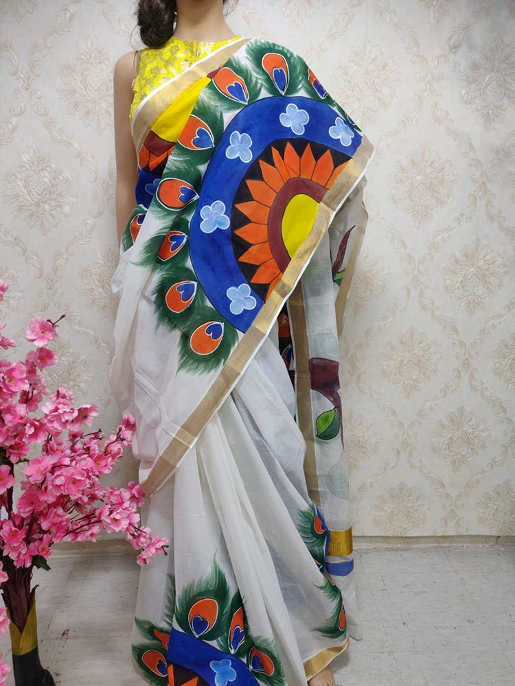 Off White Hand Painted Pure Kerala Cotton Saree - Luxurion World