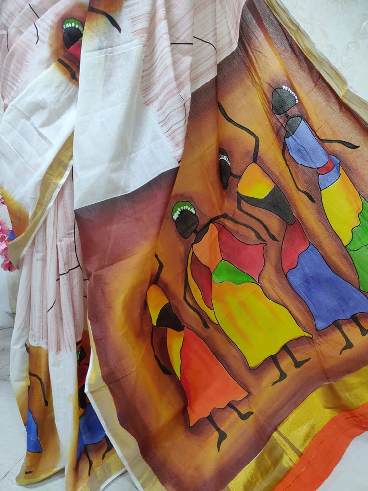 Off White Hand Painted Pure Kerala Cotton Saree - Luxurion World