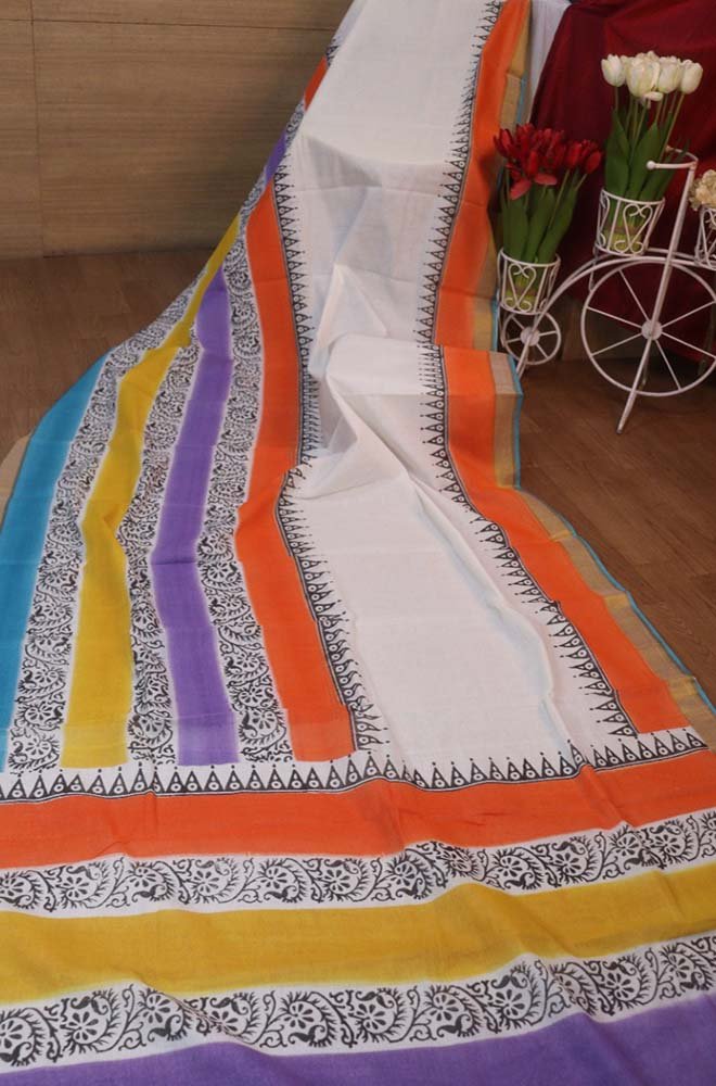 Hand Painted Kerala Cotton Saree - Elegant Off White Design - Luxurion World