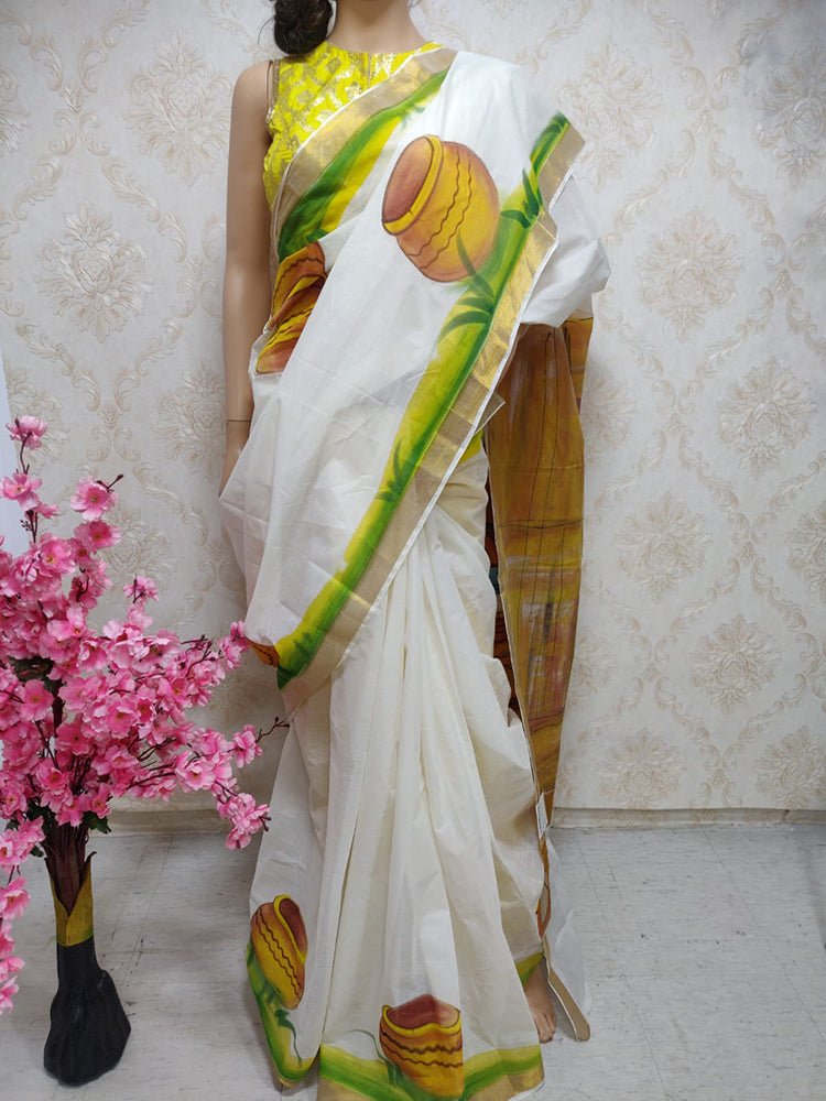 Off White Hand Painted Pure Kerala Cotton Saree - Luxurion World