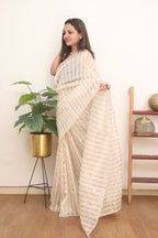 Off White Handloom Banarasi Chanderi Silk Saree - Luxurion World