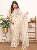 Off White Handloom Banarasi Chanderi Silk Saree - Luxurion World