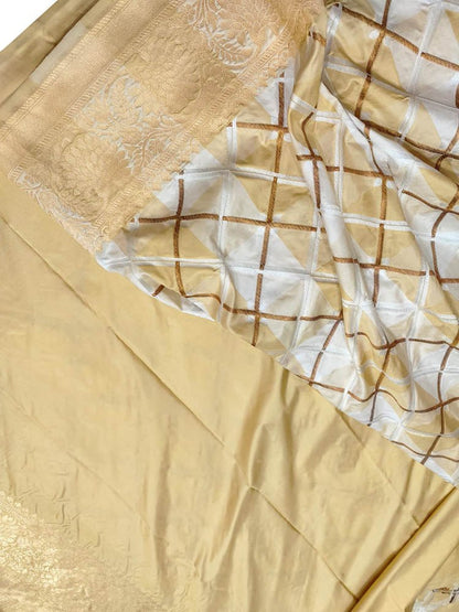 Off White Handloom Banarasi Pure Katan Silk Geometry Design Saree