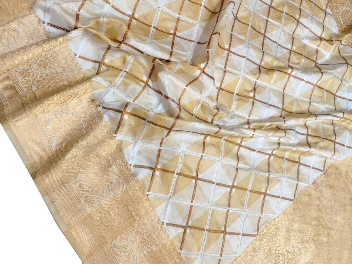 Off White Handloom Banarasi Pure Katan Silk Geometry Design Saree - Luxurion World