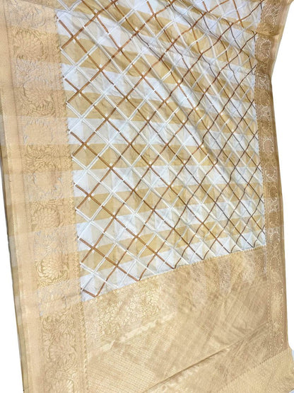 Off White Handloom Banarasi Pure Katan Silk Geometry Design Saree