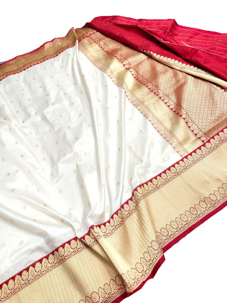 Off White Handloom Banarasi Pure Katan Silk Saree - Luxurion World