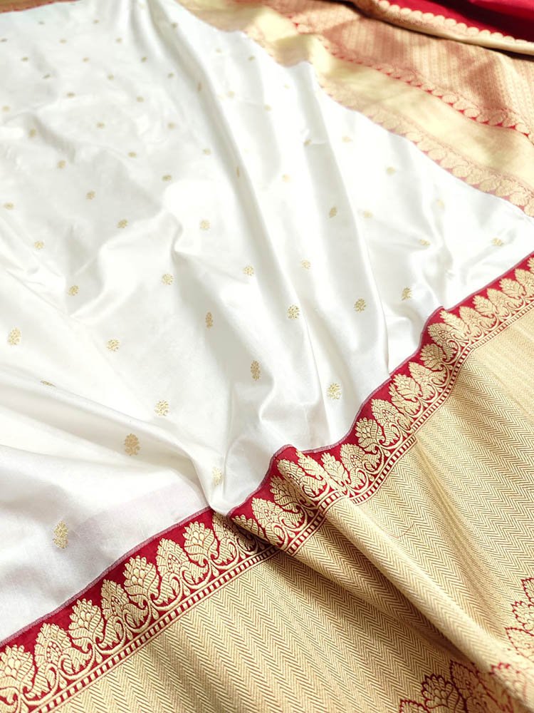 Off White Handloom Banarasi Pure Katan Silk Saree - Luxurion World