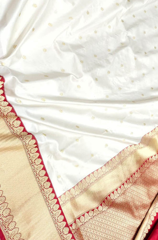 Off White Handloom Banarasi Pure Katan Silk Saree - Luxurion World