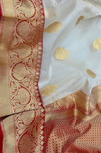 Off White Handloom Banarasi Pure Kora Silk Big Border Saree - Luxurion World