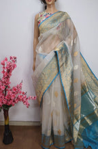 Off White Handloom Banarasi Pure Kora Silk Saree - Luxurion World