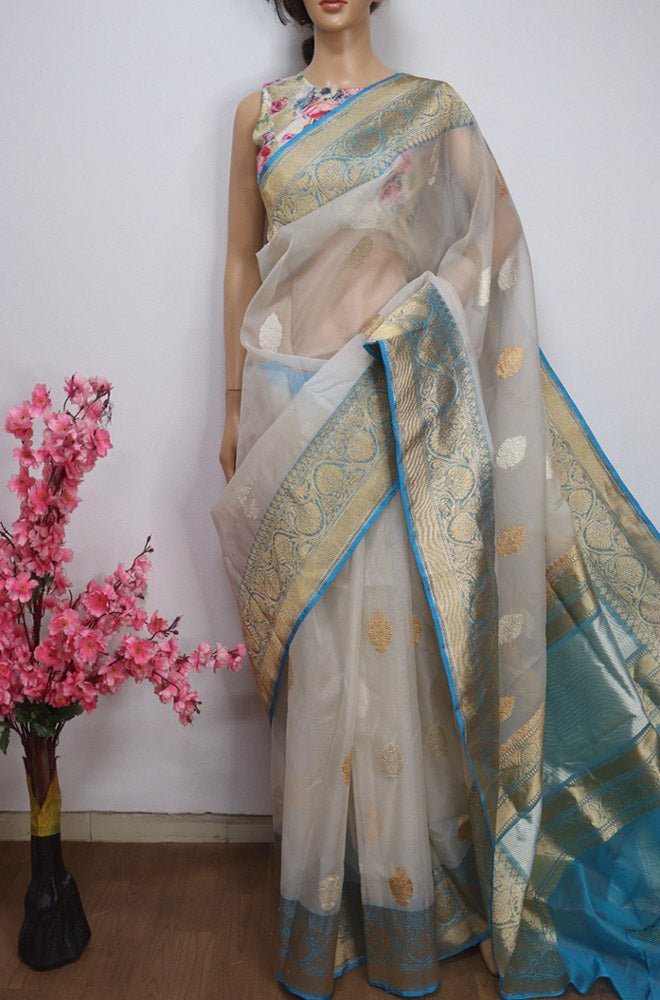 Off White Handloom Banarasi Pure Kora Silk Saree - Luxurion World