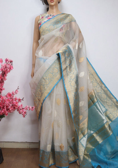Off White Handloom Banarasi Pure Kora Silk Saree - Luxurion World