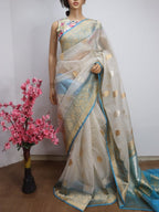 Off White Handloom Banarasi Pure Kora Silk Saree - Luxurion World