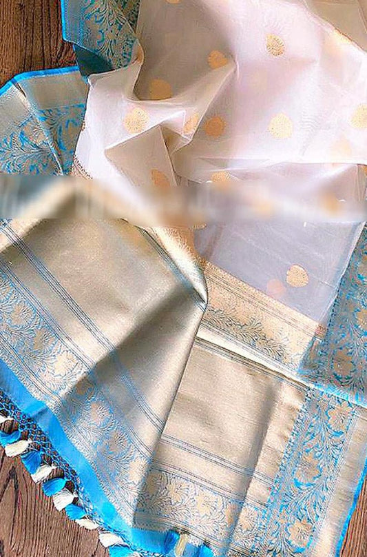 Off White Handloom Banarasi Pure Kora Silk Sona Roopa Saree - Luxurion World