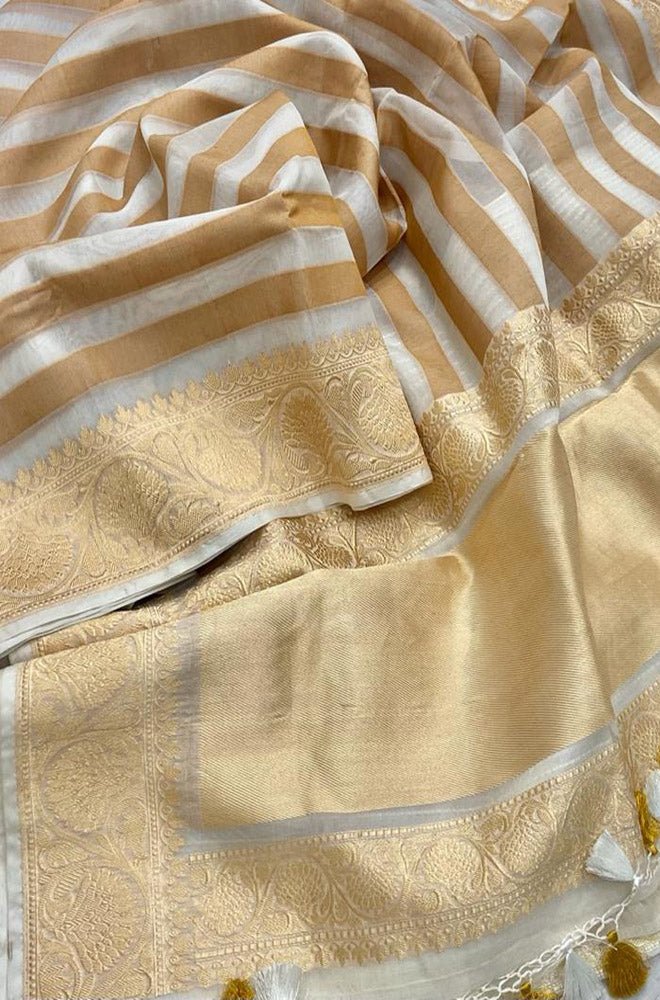 Off White Handloom Banarasi Pure Kora Silk  Stripe Design Saree - Luxurion World