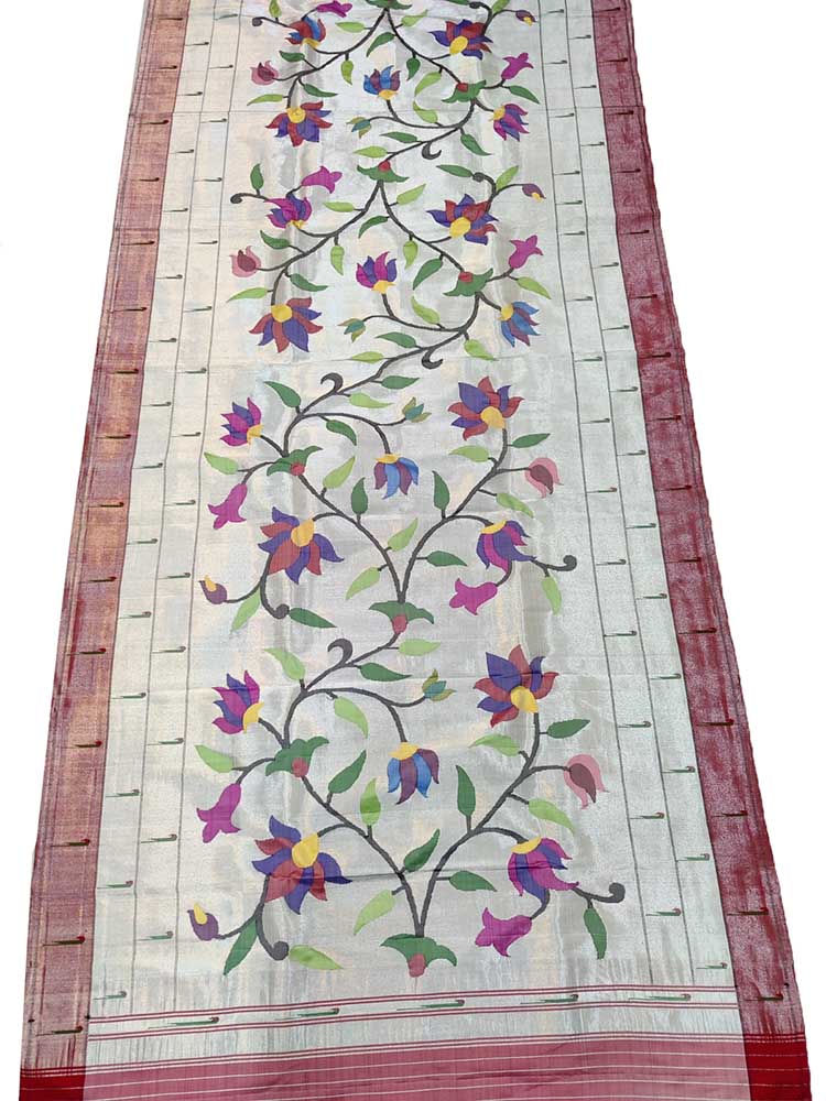 Off White Handloom Brocade Paithani Pure Silk Muniya Border Floral Design Dupatta - Luxurion World