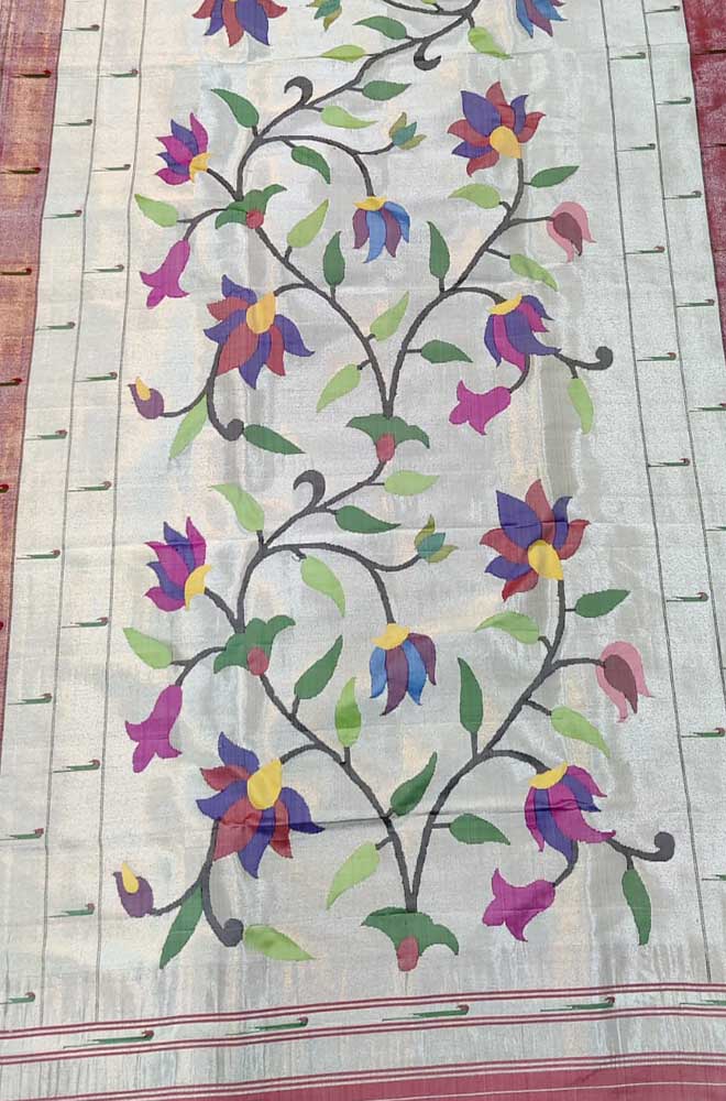 Off White Handloom Brocade Paithani Pure Silk Muniya Border Floral Design Dupatta - Luxurion World