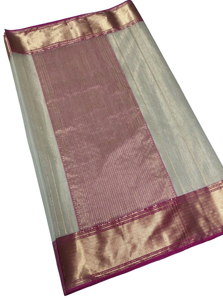 Off White Handloom Chanderi Pure Katan Tissue Silk Saree - Luxurion World