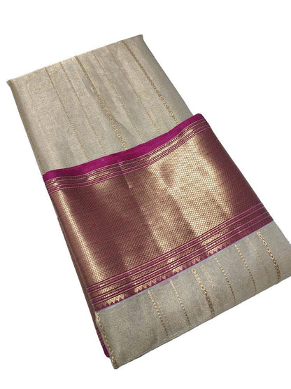Off White Handloom Chanderi Pure Katan Tissue Silk Saree - Luxurion World