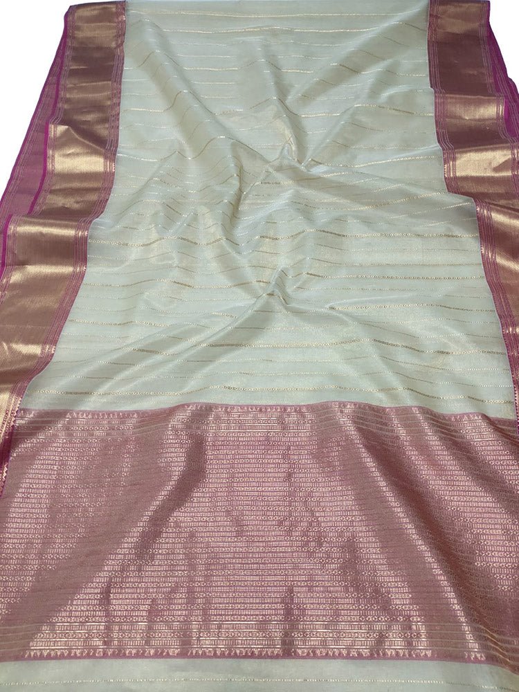 Off White Handloom Chanderi Pure Katan Tissue Silk Saree - Luxurion World