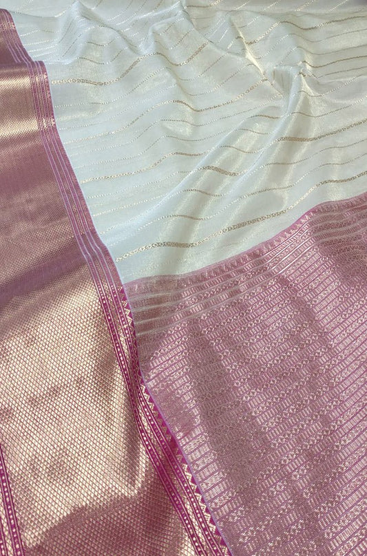 Off White Handloom Chanderi Pure Katan Tissue Silk Saree - Luxurion World