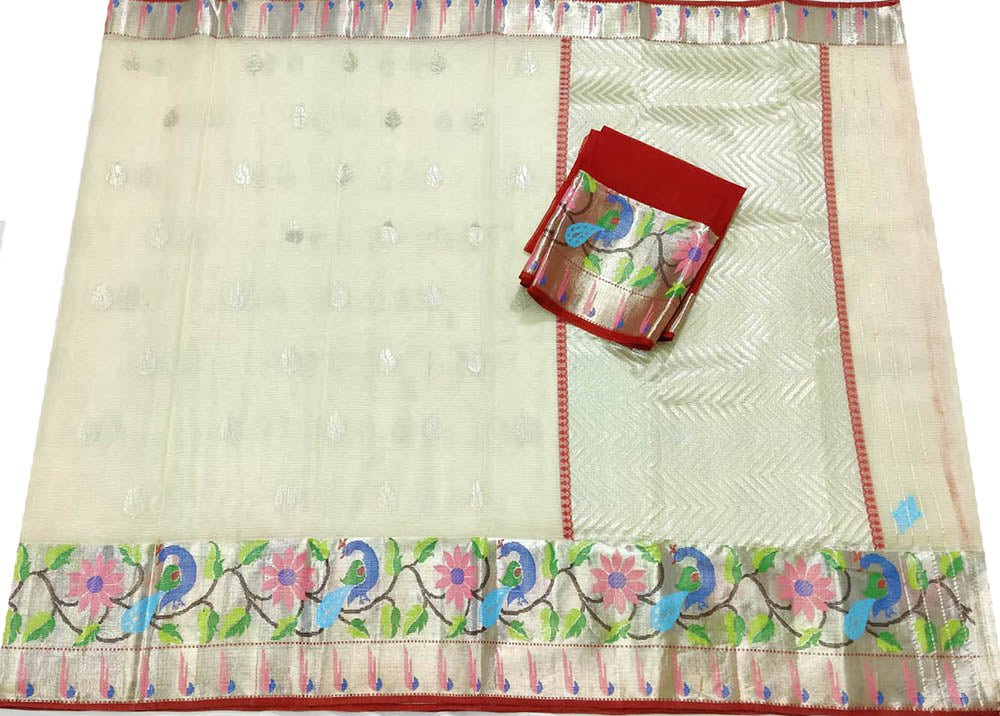 Off White Handloom Kota Doria Real Zari Peacock & Flower Design Saree - Luxurion World