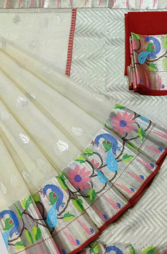 Off White Handloom Kota Doria Real Zari Peacock & Flower Design Saree - Luxurion World