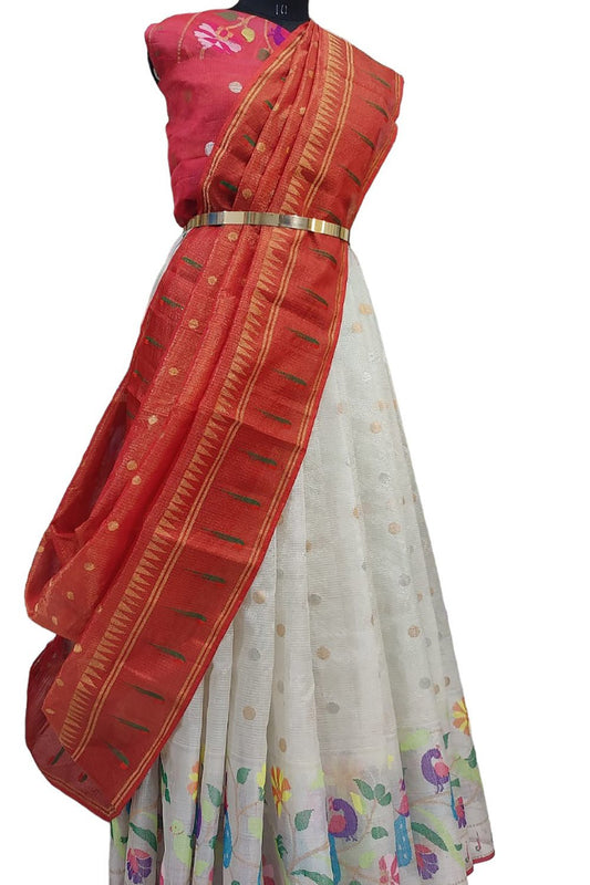 Off White Handloom Kota Doria Tissue Silk Unstitched Lehenga Set - Luxurion World